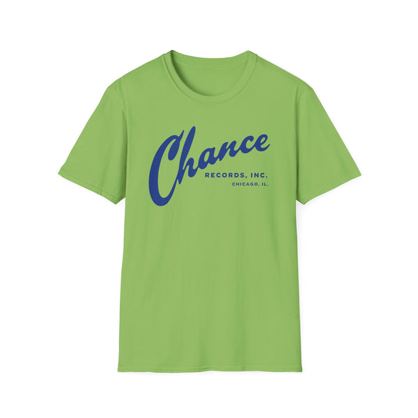 Lime green t-shirt with blue Chance Records Chicago, IL logo.