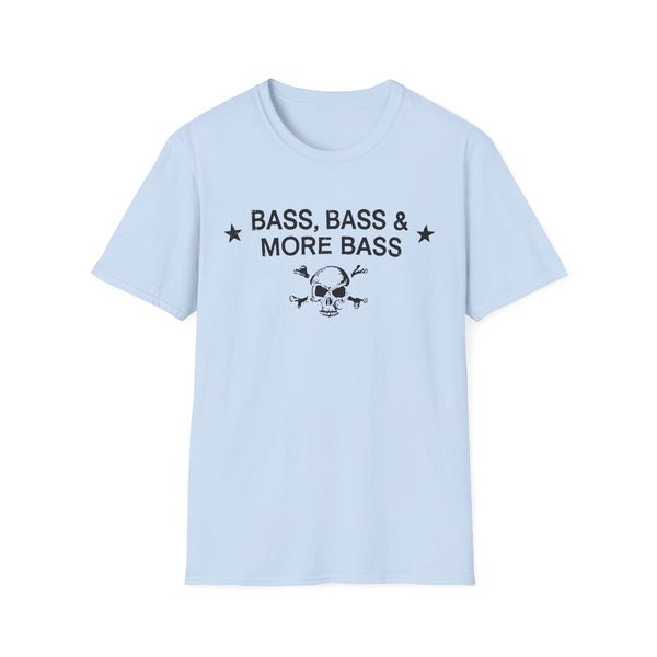 Light blue t-shirt with black text "BASS, BASS & MORE BASS" and skull graphic.