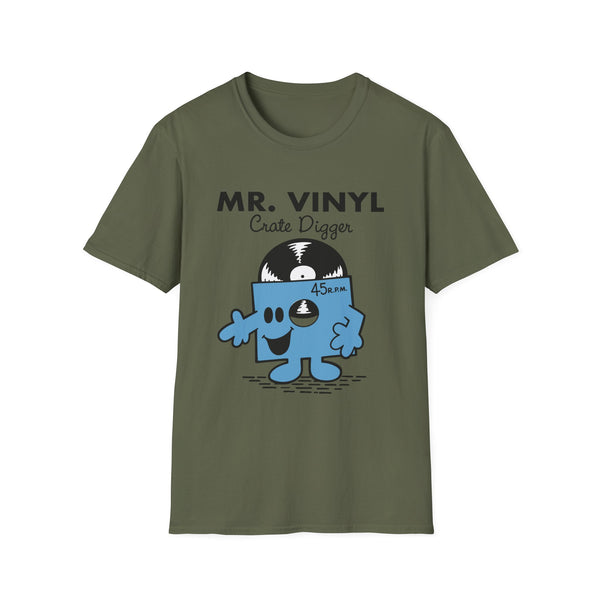 Green t-shirt with "MR. VINYL Crate Digger" and cartoon record character.