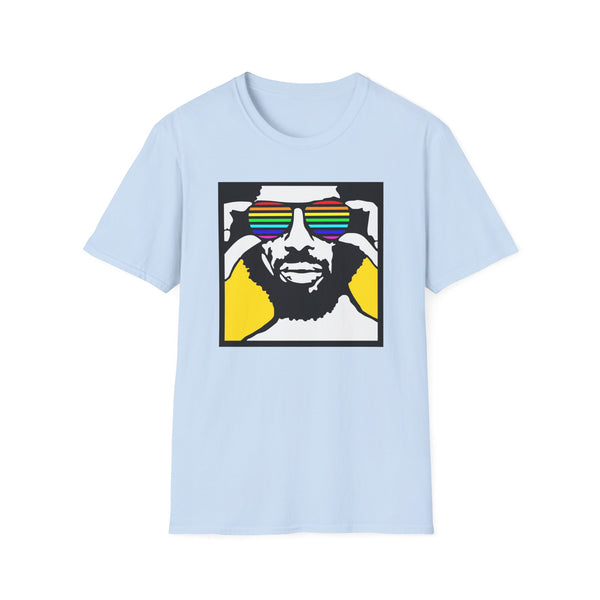 Light blue t-shirt with graphic of a man wearing rainbow sunglasses.