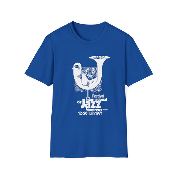 Blue t-shirt with white graphic of a bird and horn for Montreux Jazz Festival 1971.