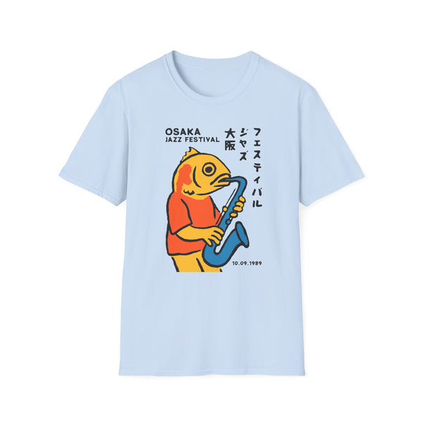 Light blue t-shirt with Osaka Jazz Festival text and fish playing saxophone.