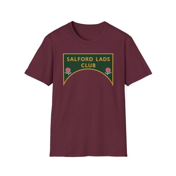 Burgundy t-shirt with a green rectangular design featuring gold text "SALFORD LADS CLUB" and two roses.
