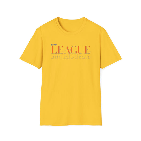 Yellow t-shirt with "THE LEAGUE unlimited orchestra" text in orange and grey.