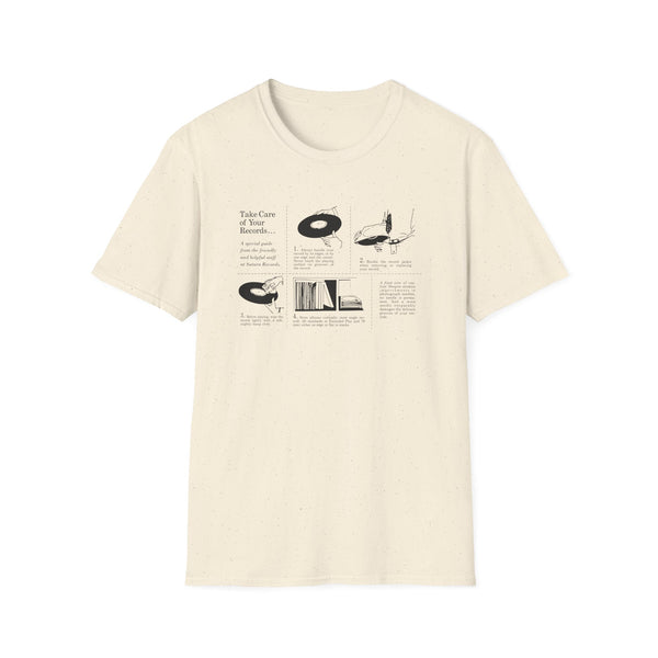 Cream t-shirt with black graphic of record care tips from Saturn Records.