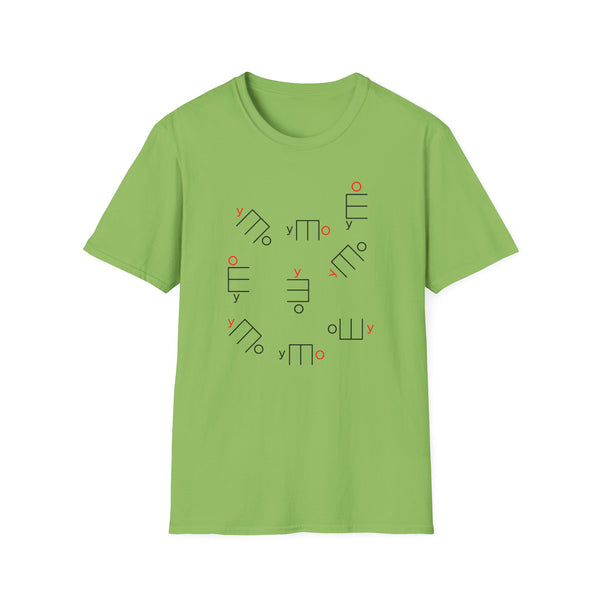 Green t-shirt with scattered black and red graphic symbols and the letter 'y'.