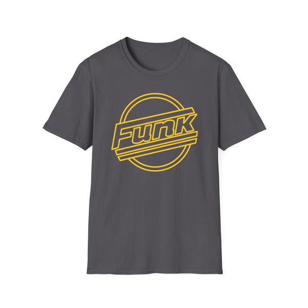 Dark grey t-shirt with yellow "Funk" text within a circle and diagonal lines.