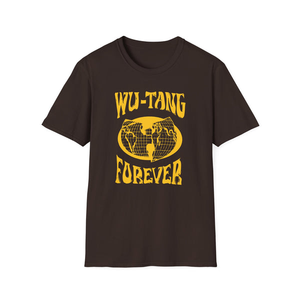 Brown t-shirt with yellow Forever graphic featuring a globe.