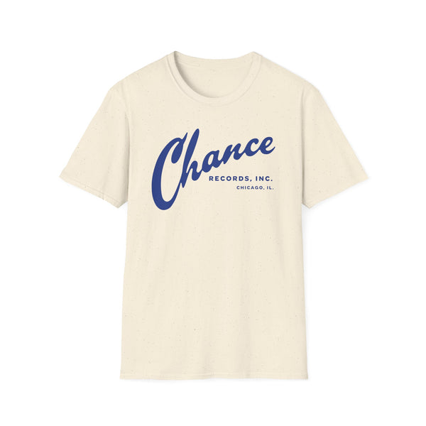 Cream t-shirt with blue "Chance Records, Inc. Chicago, IL." text.