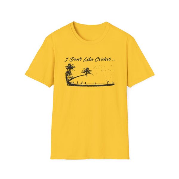 Yellow t-shirt with "I Don't Like Cricket..." text and palm trees with people playing on a beach silhouette.