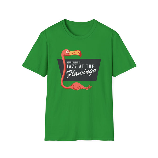 Green t-shirt with "Jeff Kruger's Jazz At The Flamingo" text and a flamingo graphic.