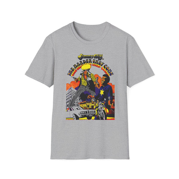 Jimmy Cliff "The Harder They Come" graphic with two men, a car, and a motorcycle.