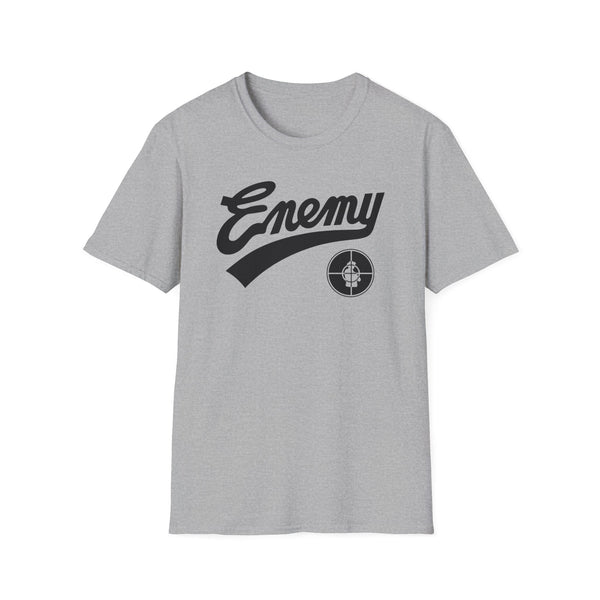 Gray t-shirt with black "Enemy" script and target logo on chest.