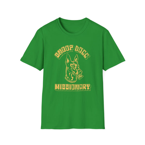 Green t-shirt with a dog graphic and text "MISSIONARY"