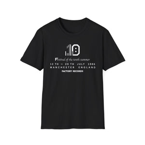 Black t-shirt with "Festival of the tenth summer" and Factory Records details.