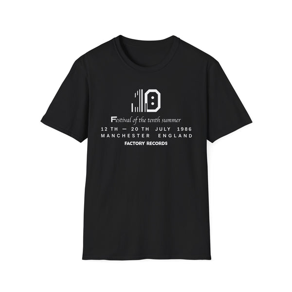 Black t-shirt with "Festival of the tenth summer" and Factory Records details.