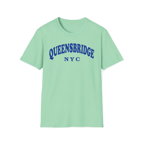 Mint green t-shirt with blue "QUEENSBRIDGE NYC" text.