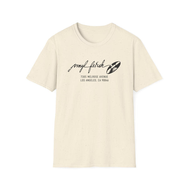 Cream t-shirt with black "vinyl fetish" text and address on the front.