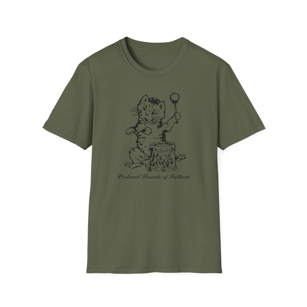Green t-shirt with cat playing drum, Postcard Records of Scotland text.