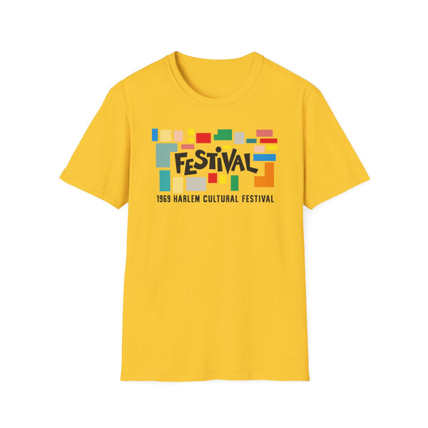 Yellow t-shirt with "FESTIVAL" and "1969 HARLEM CULTURAL FESTIVAL" text.