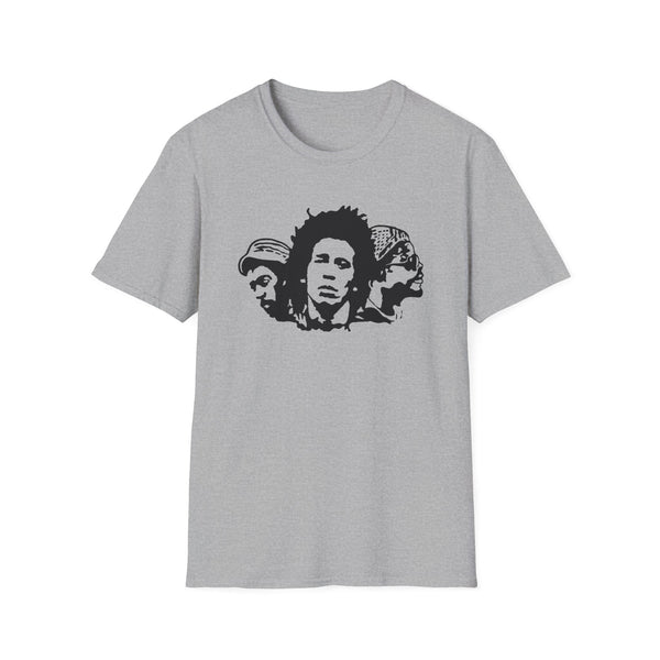 Grey t-shirt with black graphic of Bob Marley and two other men.