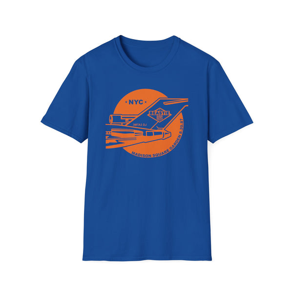 Blue t-shirt with orange Madison Square Garden 8.20.87 graphics.