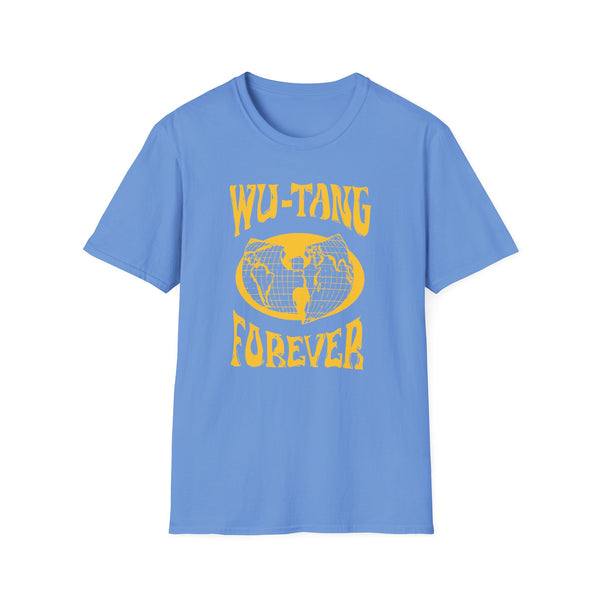 Blue T-shirt with yellow "Forever" text and globe graphic.