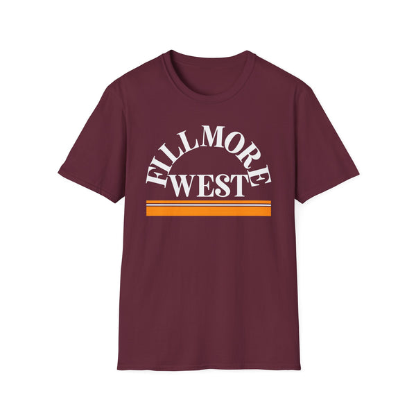Maroon t-shirt with white "Fillmore West" text and orange and white stripes.
