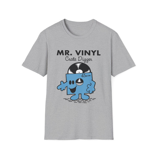 Grey t-shirt with "MR. VINYL Crate Digger" and a cartoon vinyl record character.