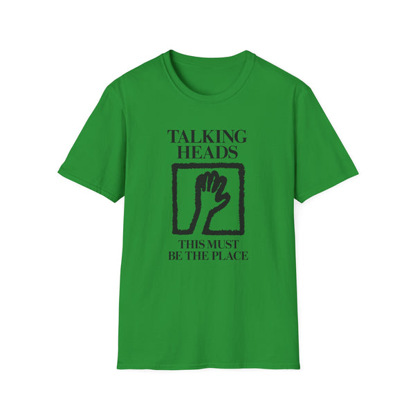 Green t-shirt with "Talking Heads" and "This Must Be The Place" text.