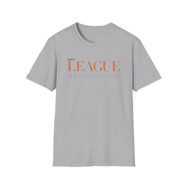 Grey t-shirt with orange text reading "THE LEAGUE unlimited orchestra".