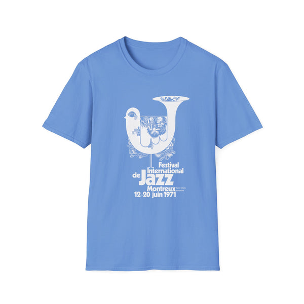 Blue t-shirt with white graphic: Festival International de Jazz Montreux 12-20 juin 1971.