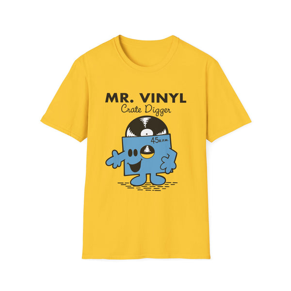 Yellow t-shirt with "MR. VINYL Crate Digger" and cartoon record character.