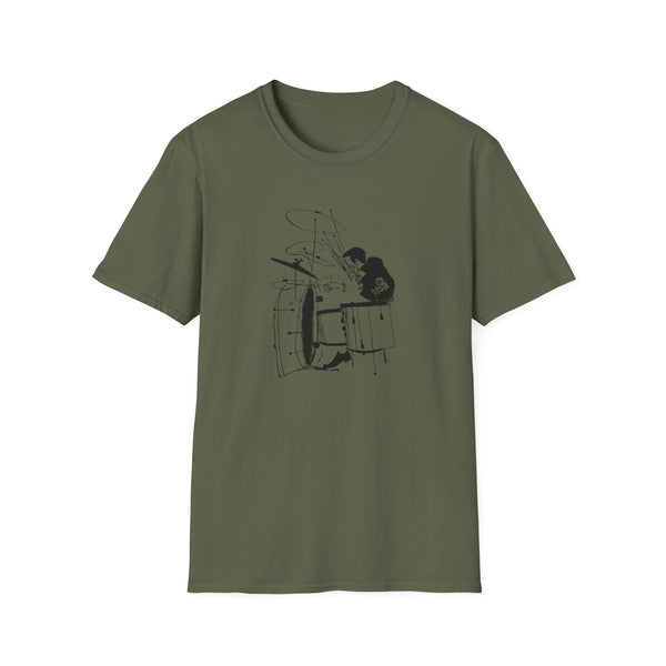 Green t-shirt with a black line drawing of a drummer playing drums.