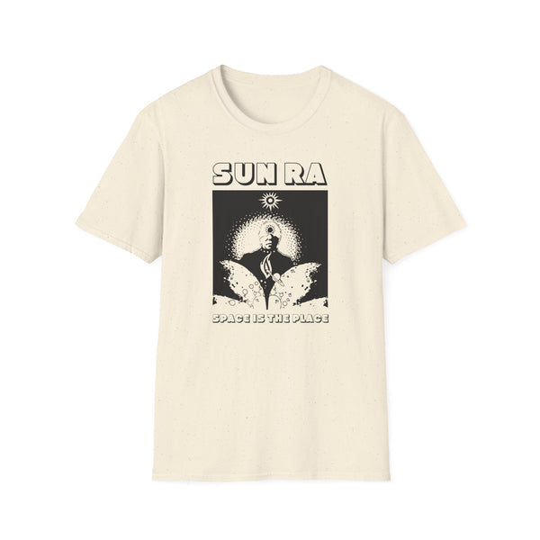Cream t-shirt with "SUN RA SPACE IS THE PLACE" graphic.