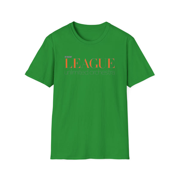 Green t-shirt with orange and grey text "THE LEAGUE unlimited orchestra"
