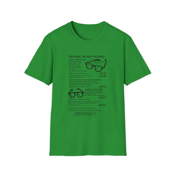 Green t-shirt with an advertisement for Be-Bop glasses and Herman Optical Co.