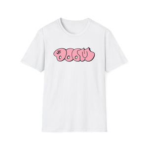 White t-shirt with pink bubble lettering that reads "BOOM"