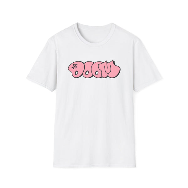 White t-shirt with pink bubble lettering that reads "BOOM"