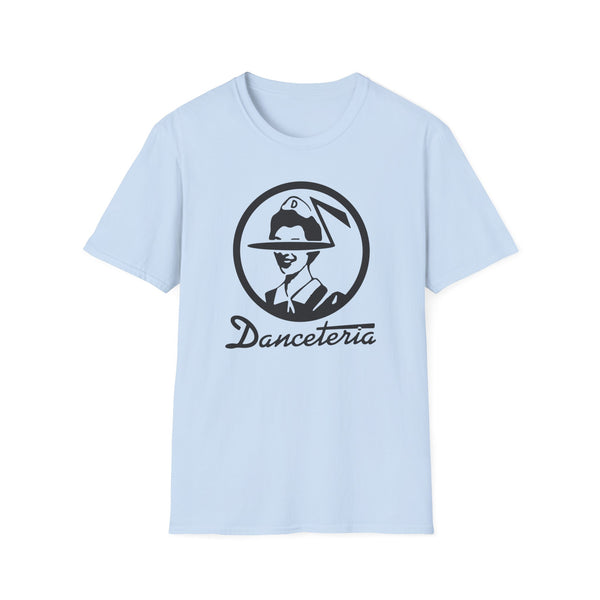 Light blue t-shirt with black "Danceteria" logo featuring a man in a circle.