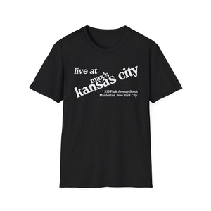 Black t-shirt with white text "live at max's kansas city" and address.