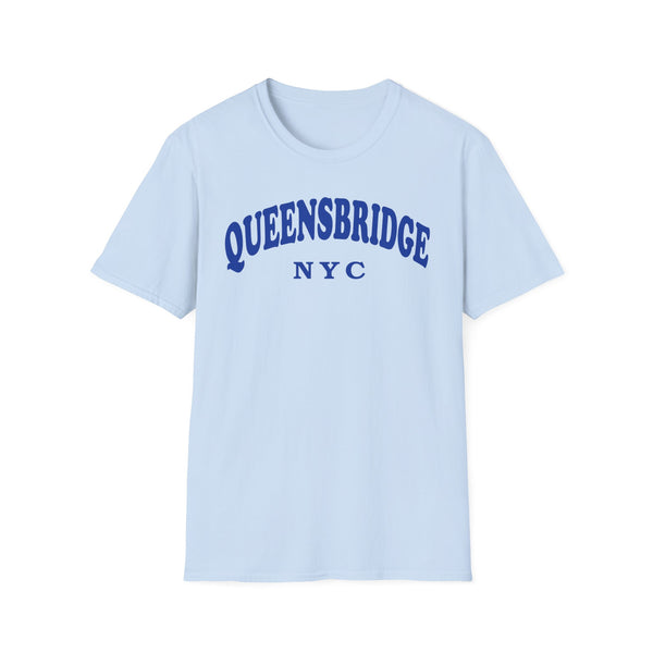 Light blue t-shirt with blue arched "QUEENSBRIDGE NYC" text.