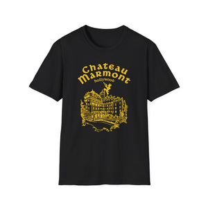 Black t-shirt with yellow "Chateau Marmont Hollywood" text and building illustration.