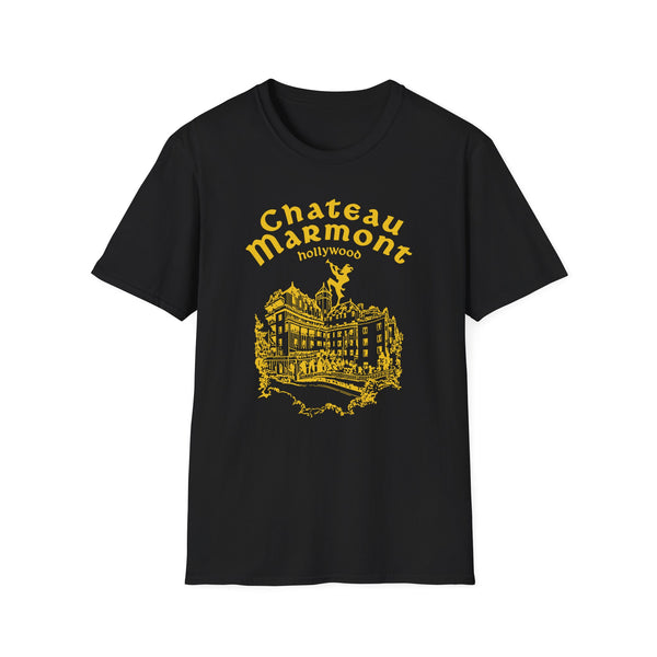 Black t-shirt with yellow "Chateau Marmont Hollywood" text and building illustration.