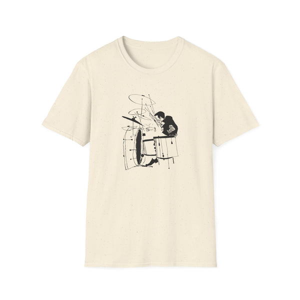 Cream t-shirt with a black ink drawing of a drummer playing a drum set.