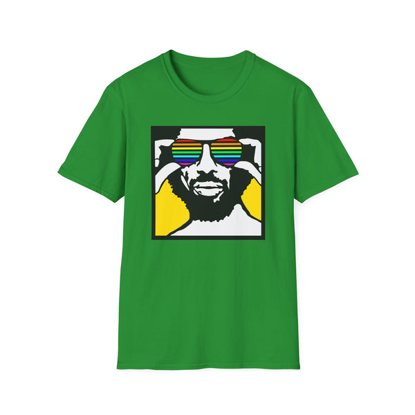 Green t-shirt with a graphic of a man wearing rainbow sunglasses.