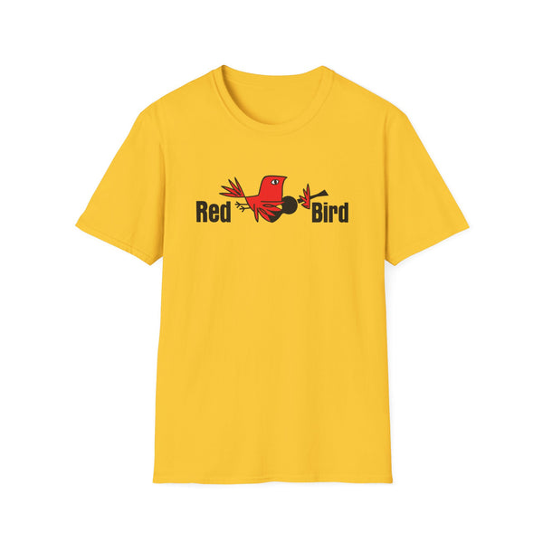 Yellow t-shirt with a stylized red bird and the text "Red Bird" as a graphic.
