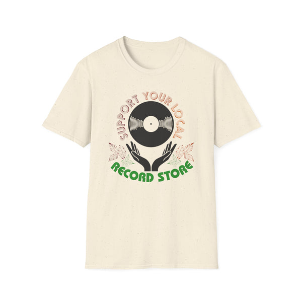 T-shirt with "Support Your Local Record Store" text and vinyl record graphic.