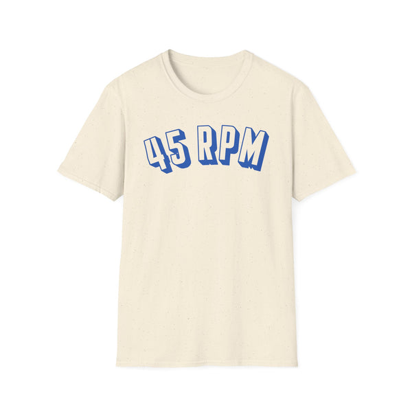 Light cream t-shirt with blue "45 RPM" text on the chest.