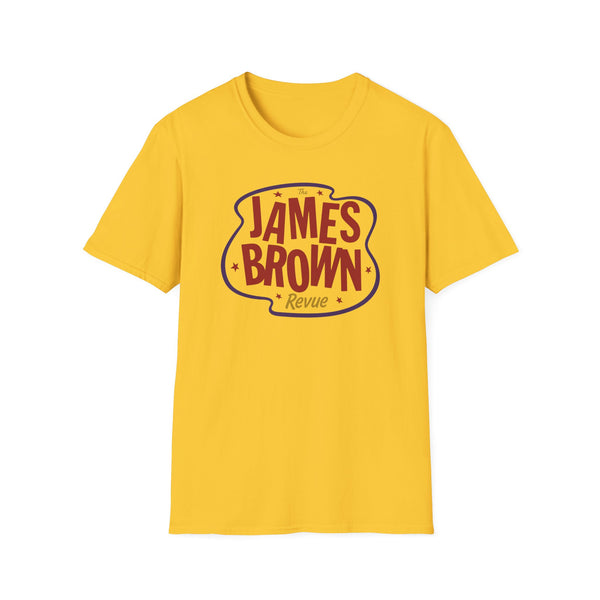 Yellow t-shirt with "The James Brown Revue" text logo.